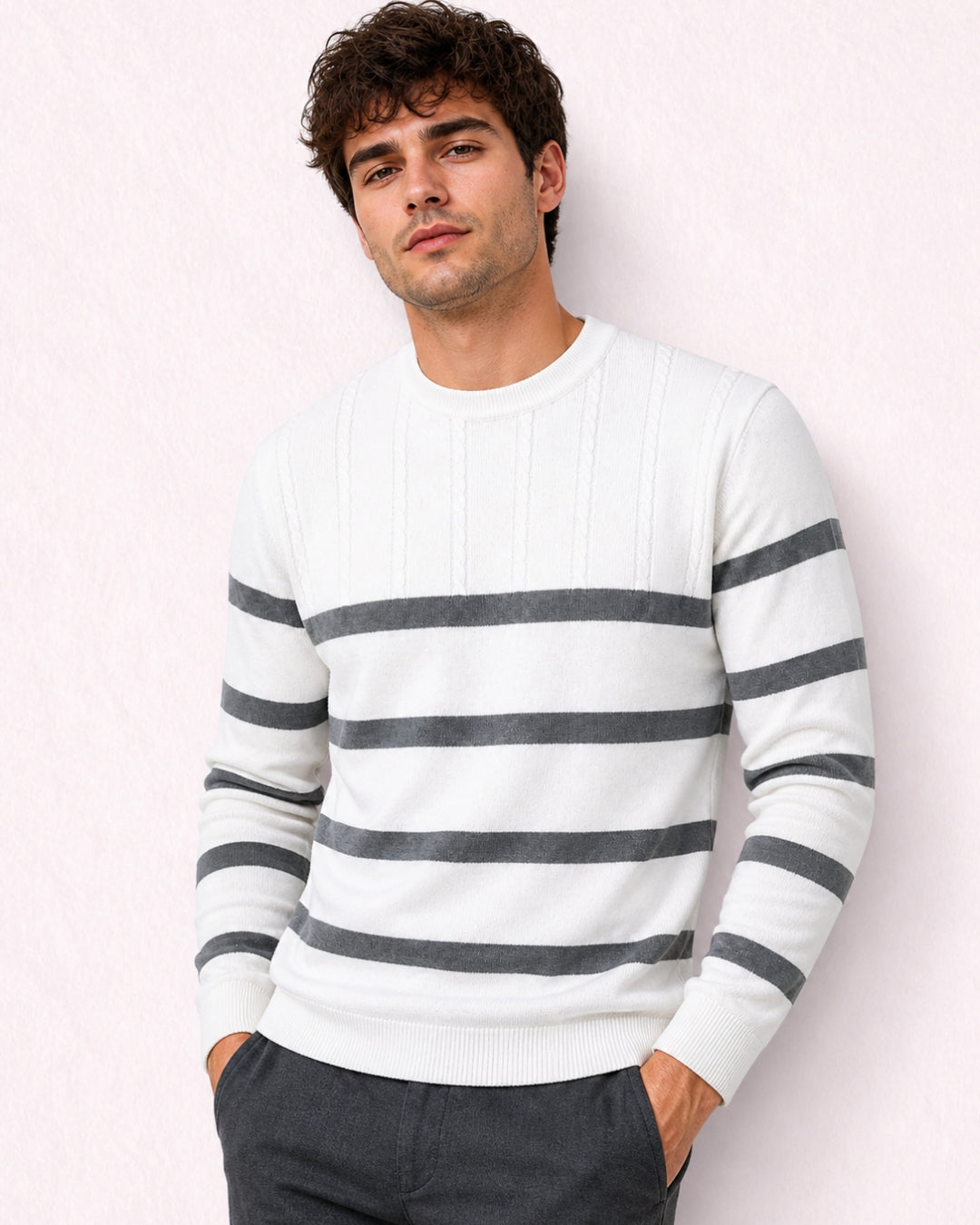 White Full Sleeve Pure Cotton Men's Knitted T-Shirt Main image