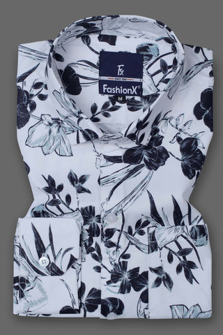 White Floral Cotton Slim Fit Casual Shirt