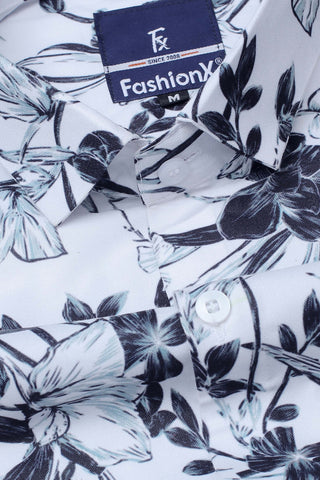 White Floral Cotton Slim Fit Casual Shirt