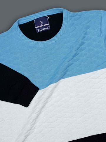 Blue Tri Color Pure Cotton Knitted T-Shirt