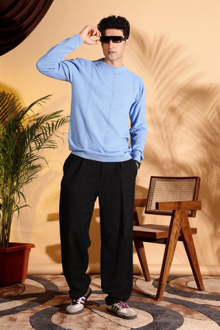 Blue Self Structured Box Pure Cotton knitted T-Shirt