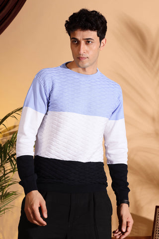 Blue Tri Color Pure Cotton Knitted Men T-Shirt