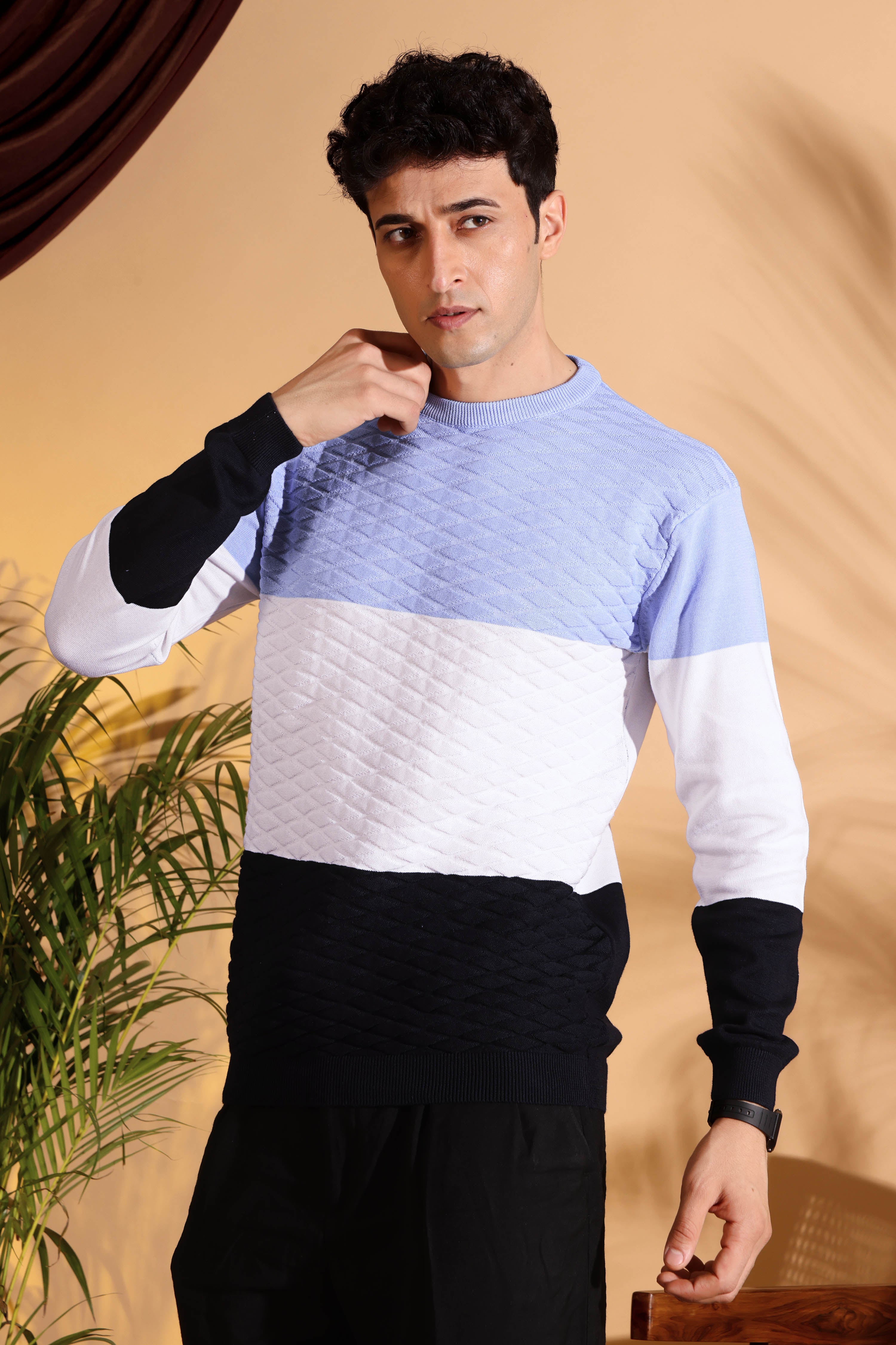 Blue Tri Color Pure Cotton Knitted Men T-Shirt