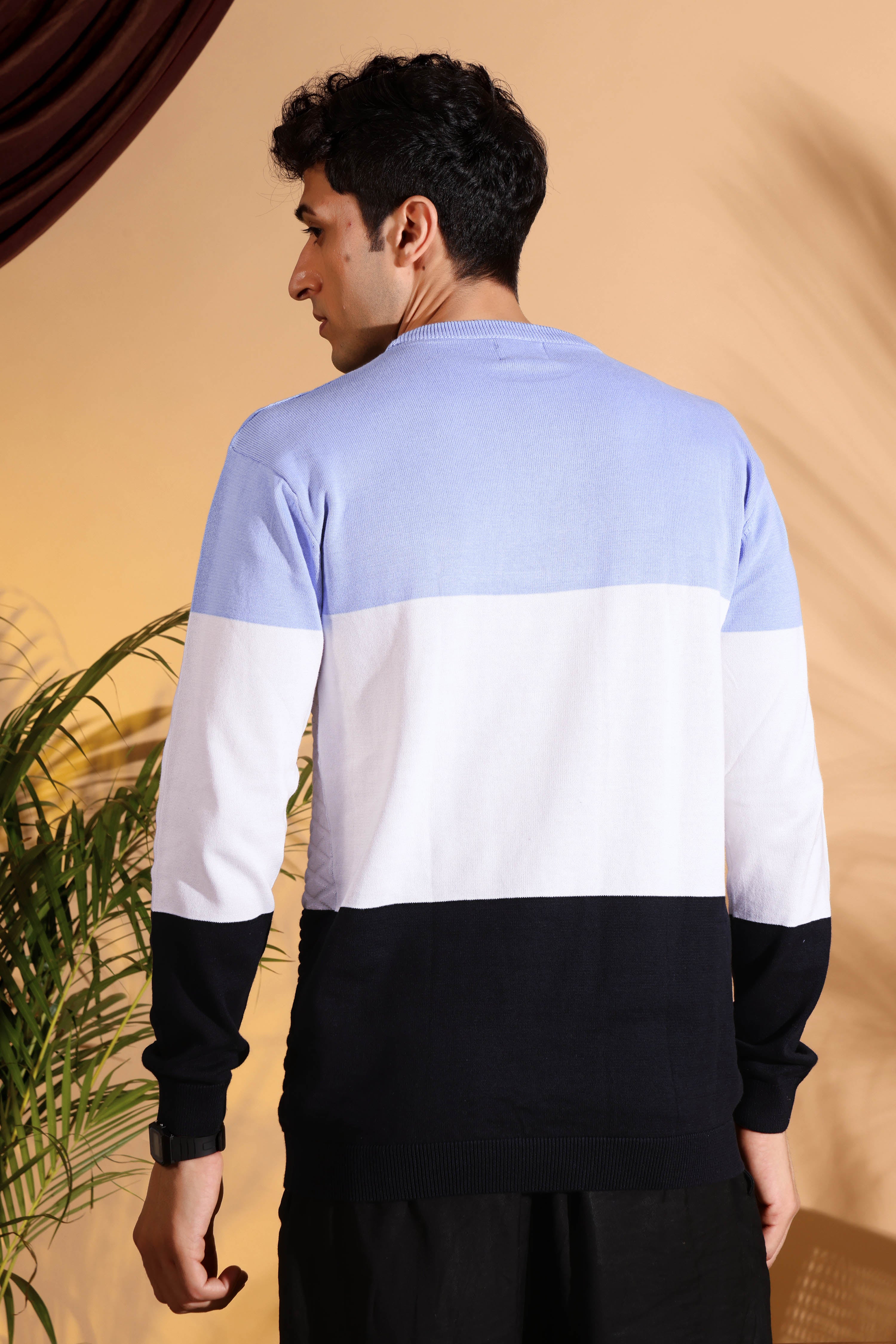 Blue Tri Color Pure Cotton Knitted Men T-Shirt