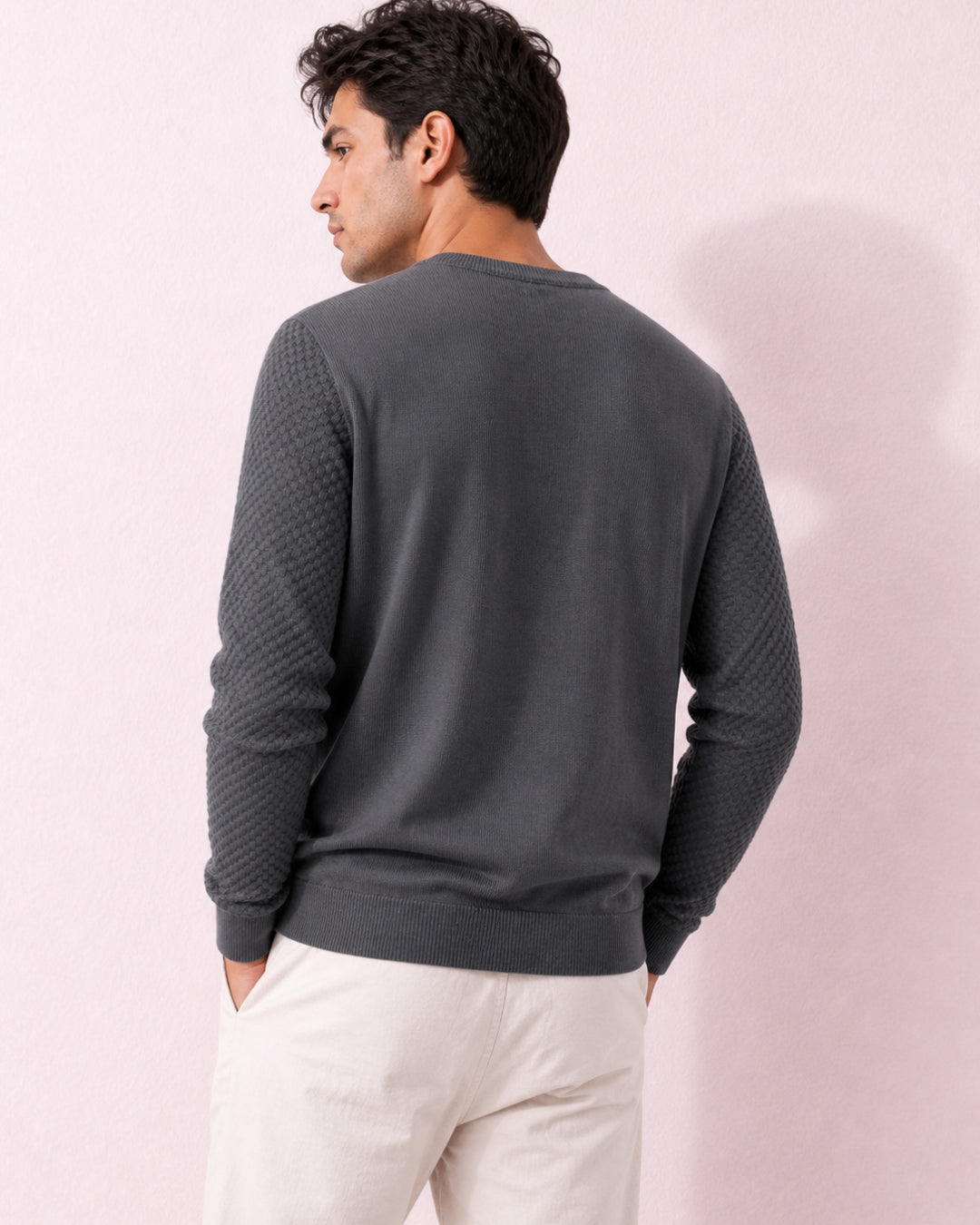 Grey Full Sleeve Pure Cotton Men's Knitted T-Shirt