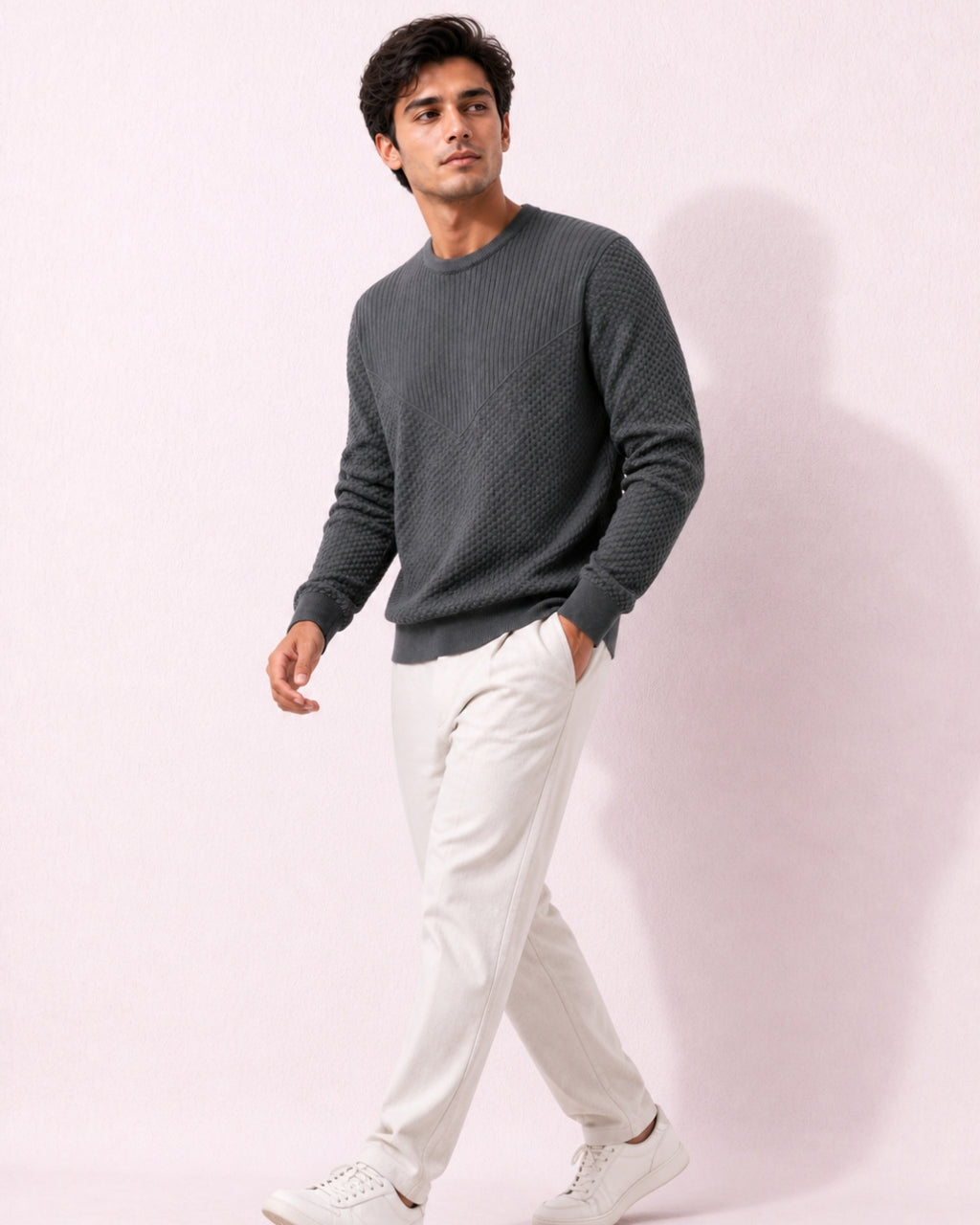 Grey Full Sleeve Pure Cotton Men's Knitted T-Shirt