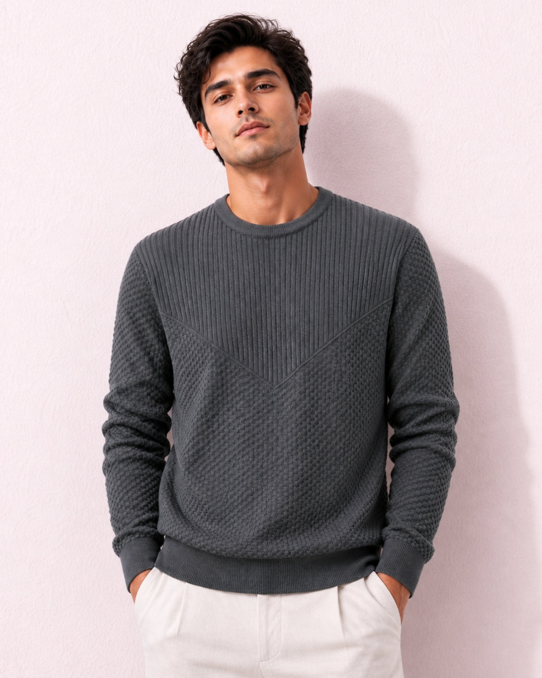 Grey Full Sleeve Pure Cotton Men's Knitted T-Shirt Main image