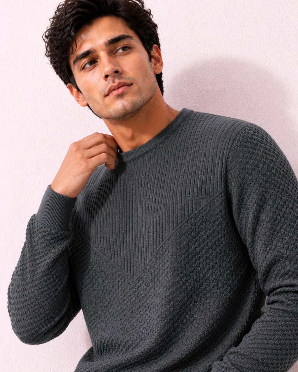 Grey Full Sleeve Pure Cotton Men's Knitted T-Shirt