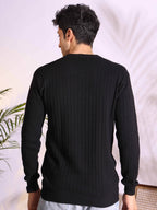 V-neck Black Pure Cotton Textured Men's Knitted T-Shirt