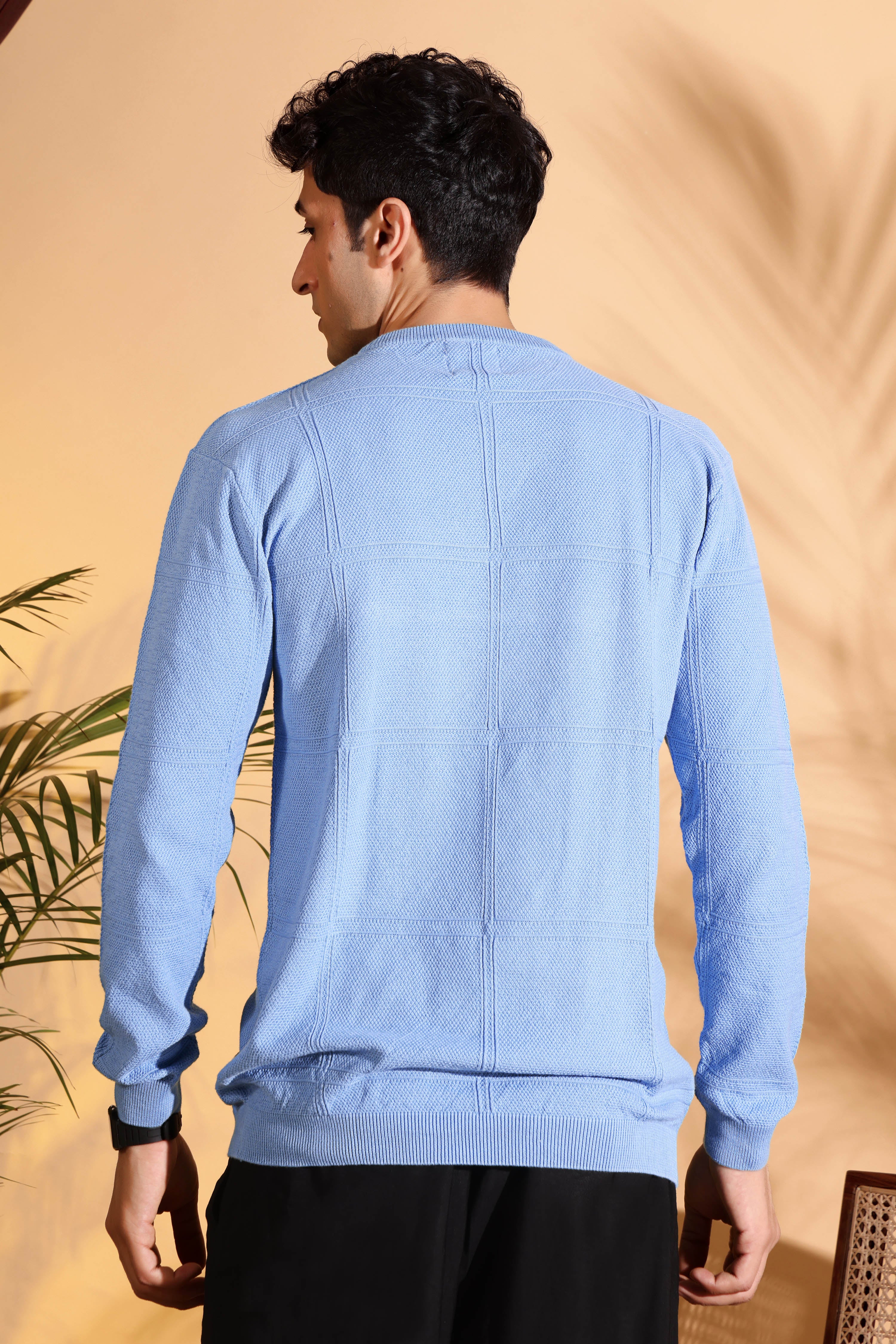 Blue Self Structured Box Pure Cotton knitted T-Shirt