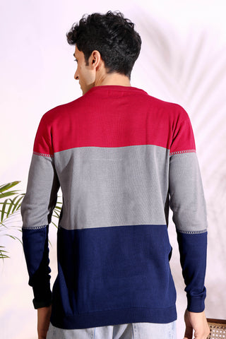 Red Tri Color Pure Cotton Knitted Men T-Shirt