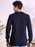 V-neck Blue Pure Cotton Textured Men's Knitted T-Shirt