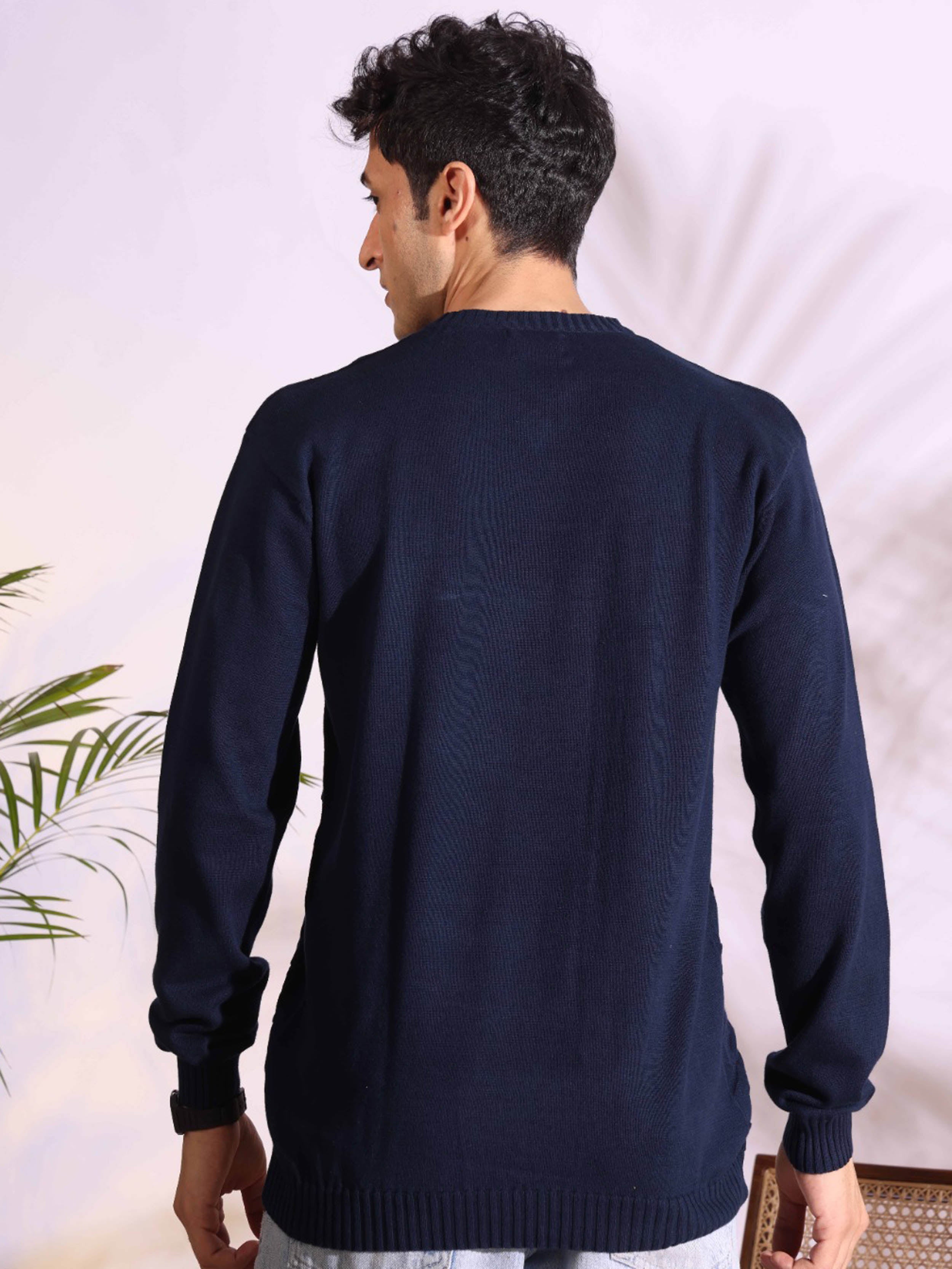 V-neck Blue Pure Cotton Textured Men's Knitted T-Shirt