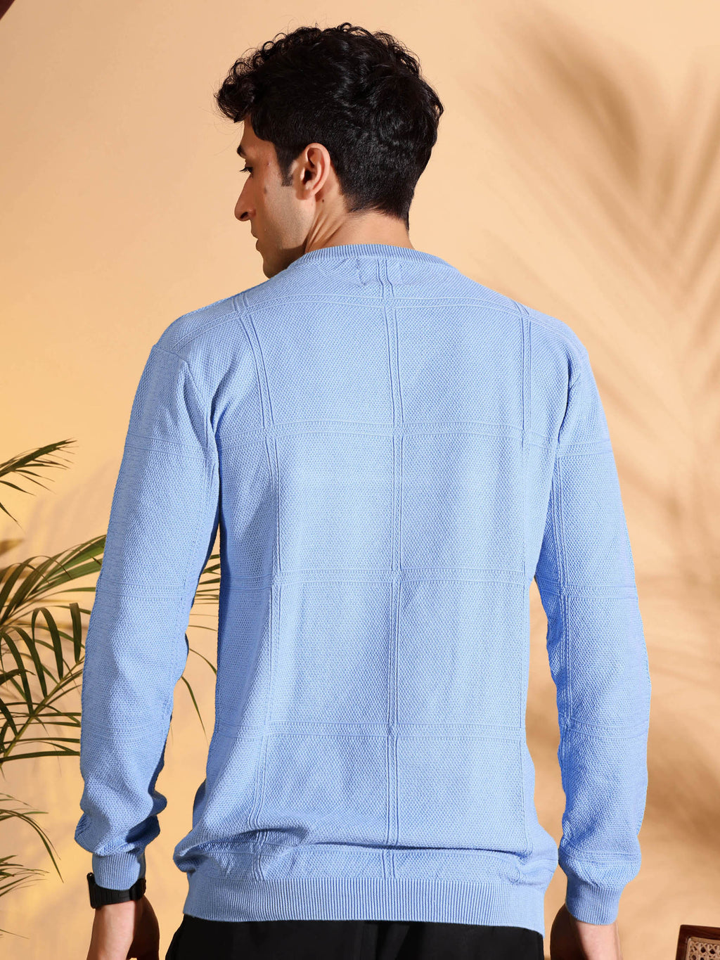 Blue Self Structured Box Pure Cotton knitted T-Shirt