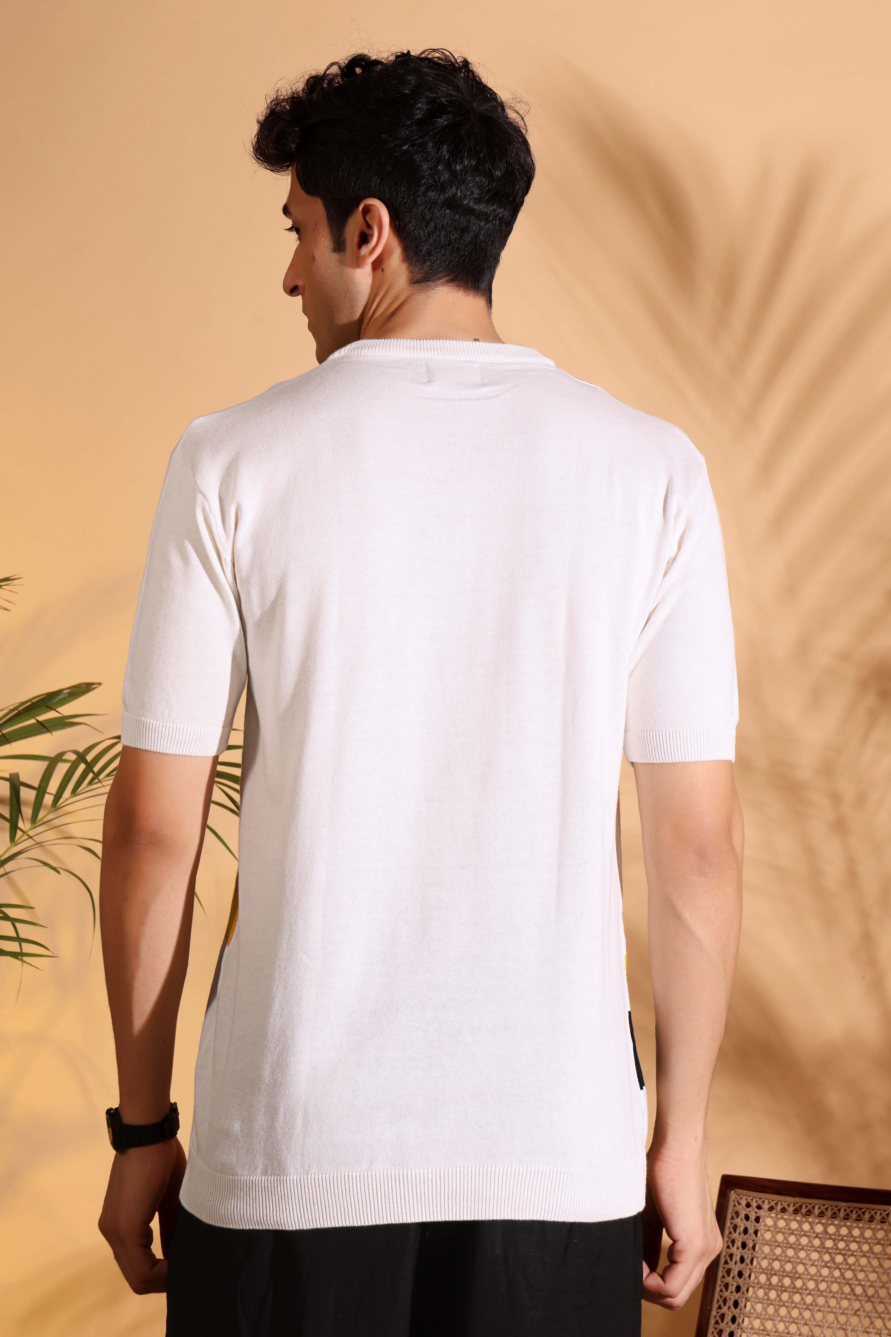 Attractive Blush White Self Pattern Knitted T-Shirt
