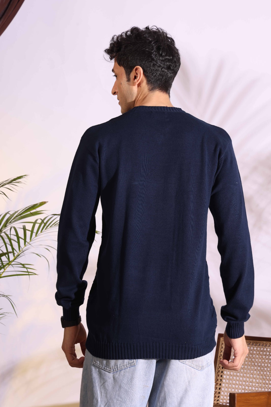 V-neck Blue Pure Cotton Textured Men's Knitted T-Shirt