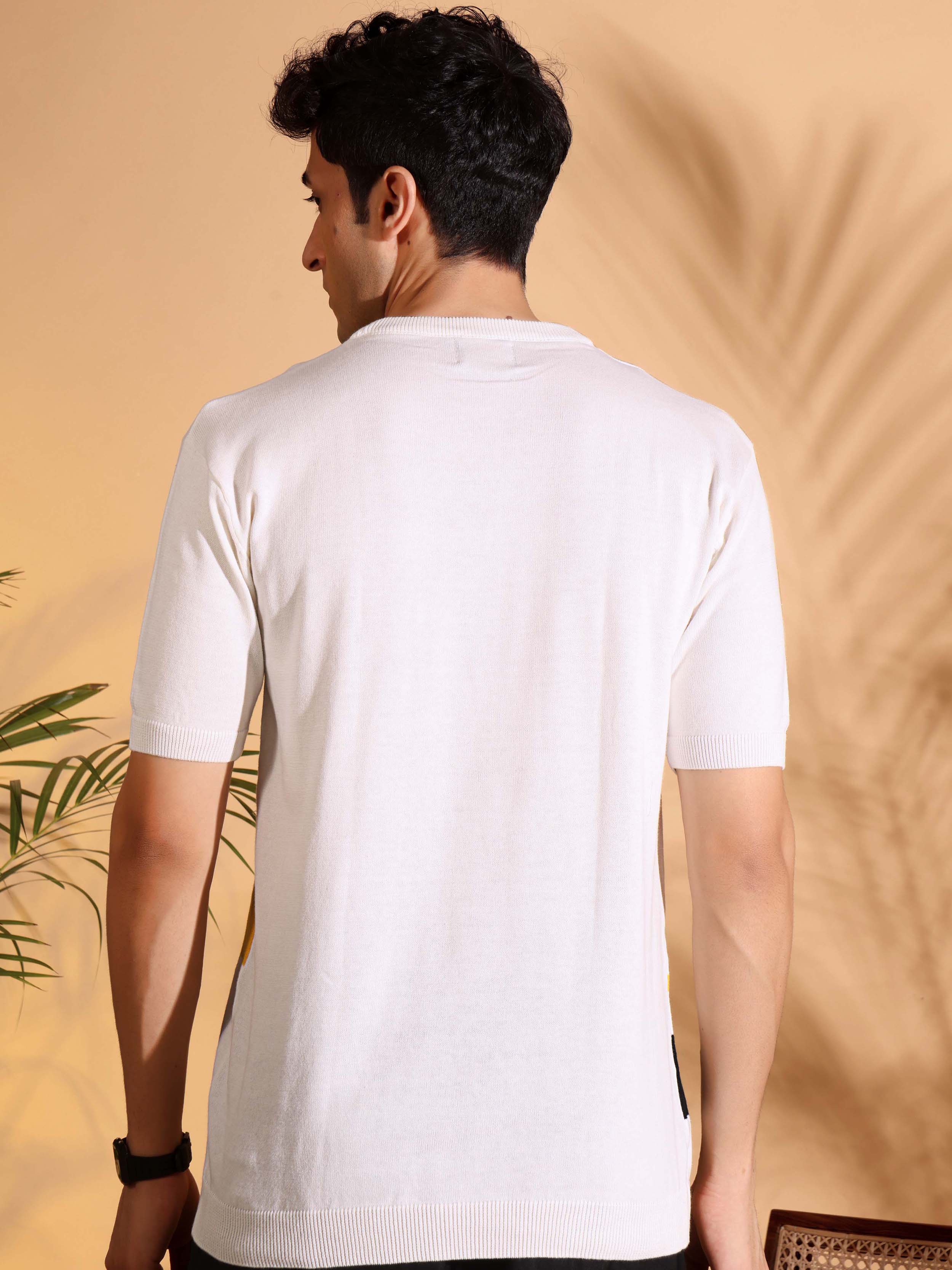 Attractive Blush White Self Pattern Knitted T-Shirt