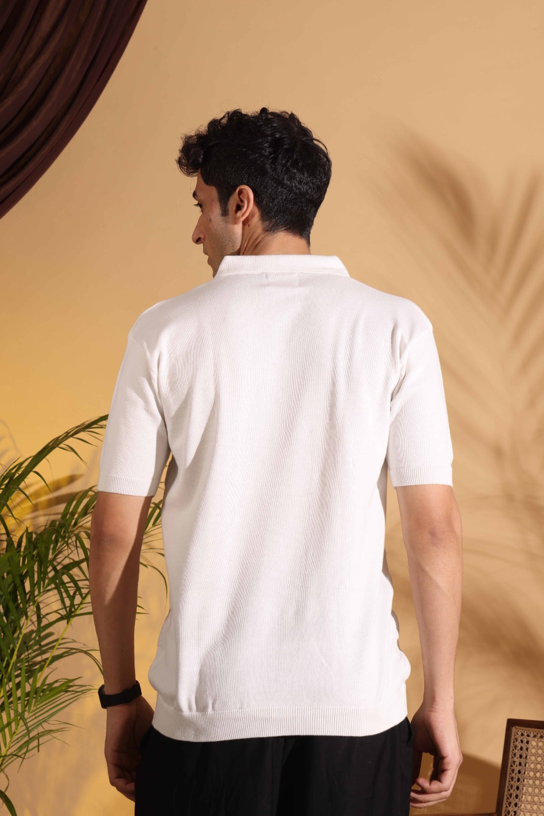 White Pure Cotton Textured Polo Men's Knitted T-Shirt
