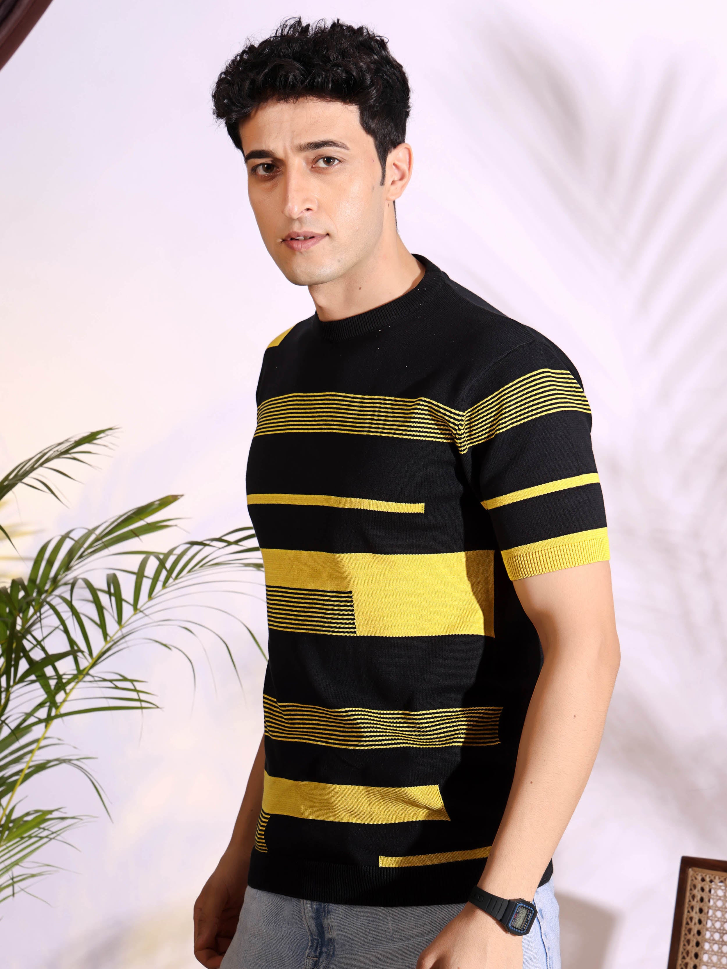Yellow Stripe Pure Cotton Men's Knitted T-Shirt Secondary image