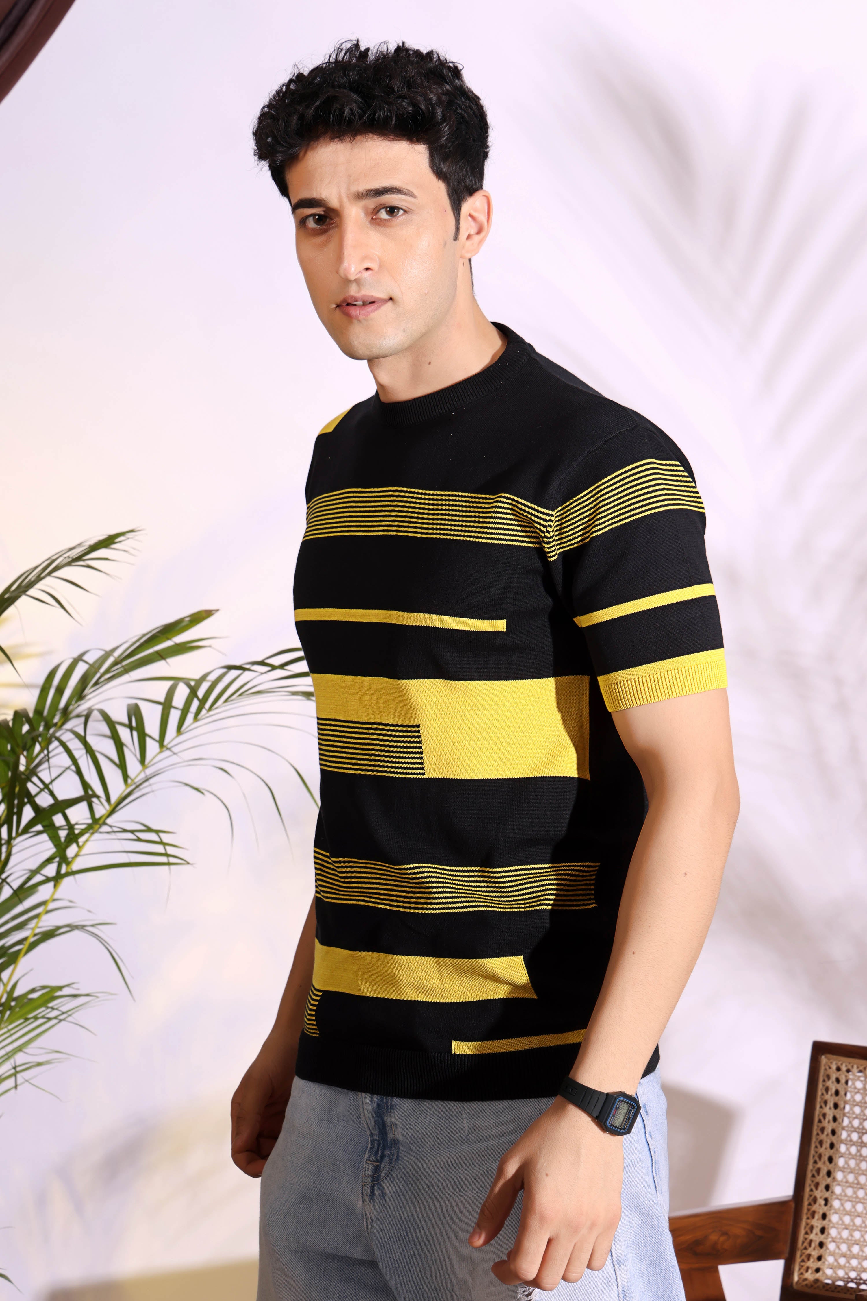 Yellow Stripe Pure Cotton Men's Knitted T-Shirt