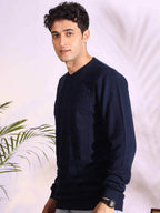 V-neck Blue Pure Cotton Textured Men's Knitted T-Shirt