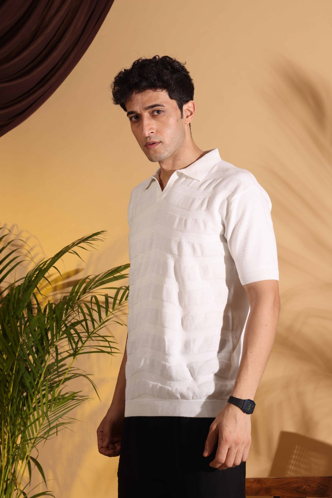 White Pure Cotton Textured Polo Men's Knitted T-Shirt
