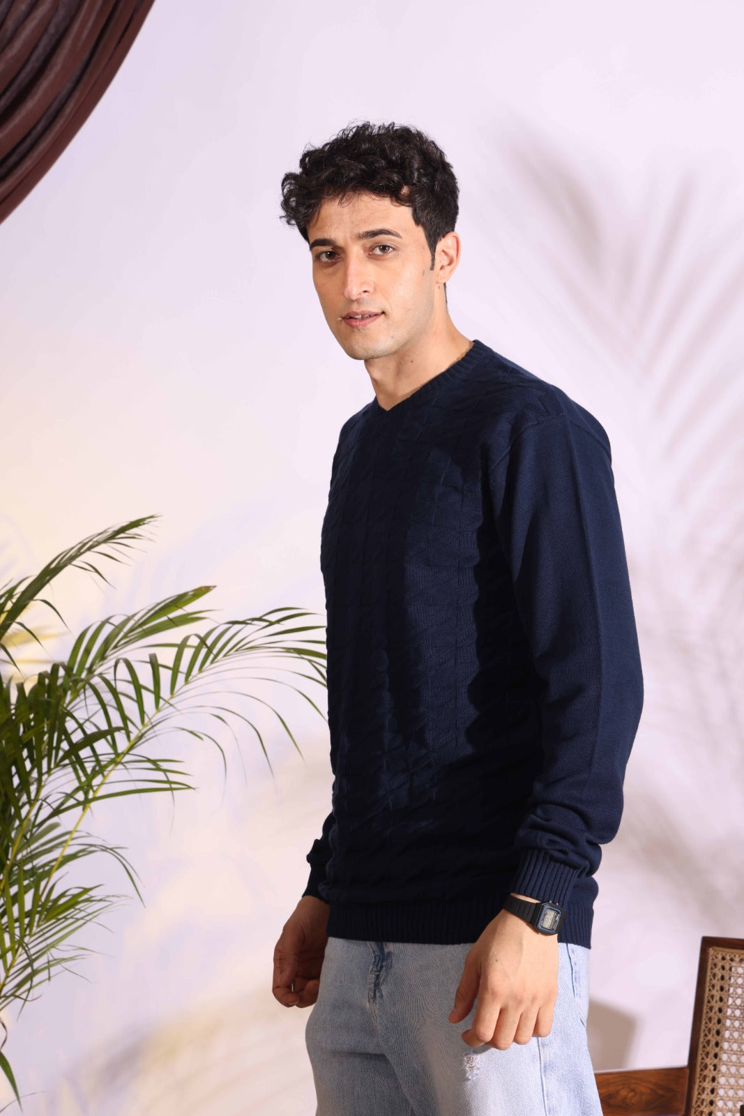 V-neck Blue Pure Cotton Textured Men's Knitted T-Shirt