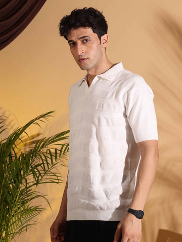 White Pure Cotton Textured Polo Men's Knitted T-Shirt