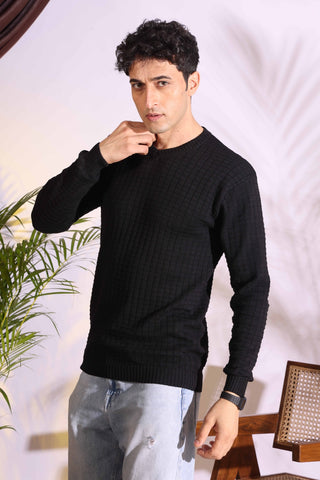 V-neck Black Pure Cotton Textured Men's Knitted T-Shirt