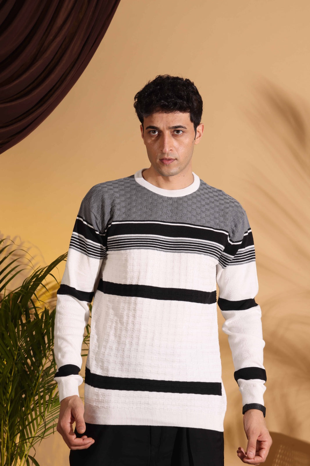 White Self Structured Box Pure Cotton knitted T-Shirt