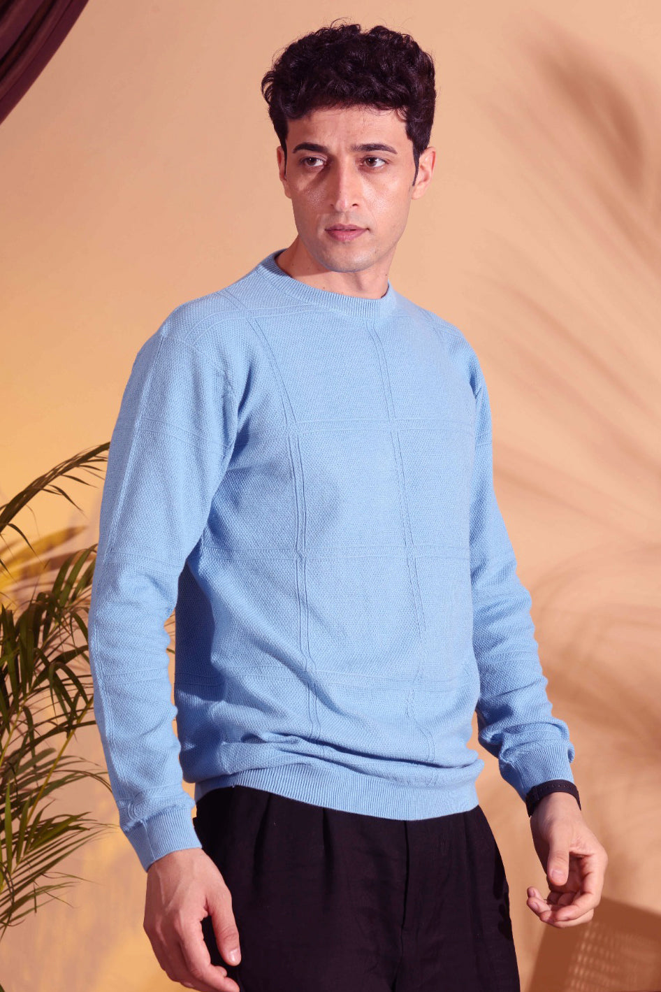 Blue Self Structured Box Pure Cotton knitted T-Shirt