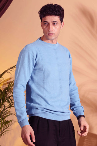 Blue Self Structured Box Pure Cotton knitted T-Shirt