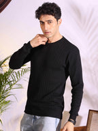 V-neck Black Pure Cotton Textured Men's Knitted T-Shirt