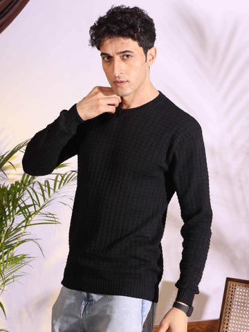 V-neck Black Pure Cotton Textured Men's Knitted T-Shirt