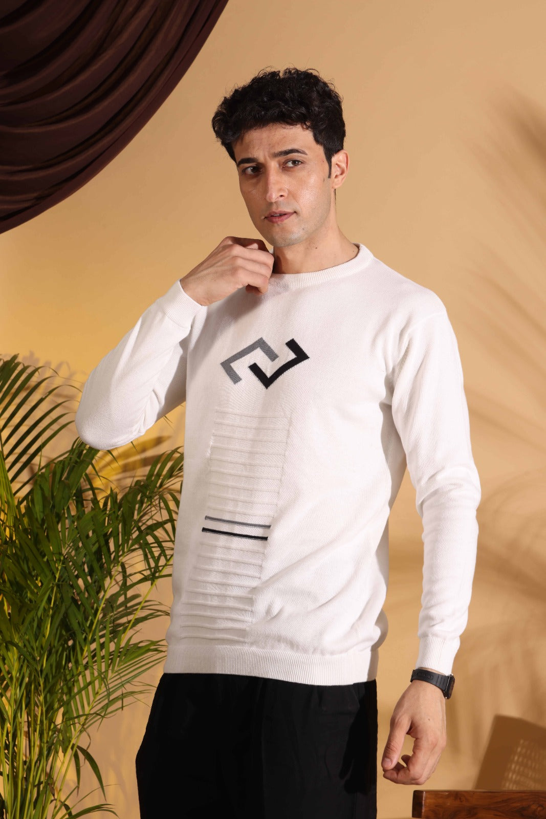 Exclusive White Self Structured Cotton knitted T-Shirt