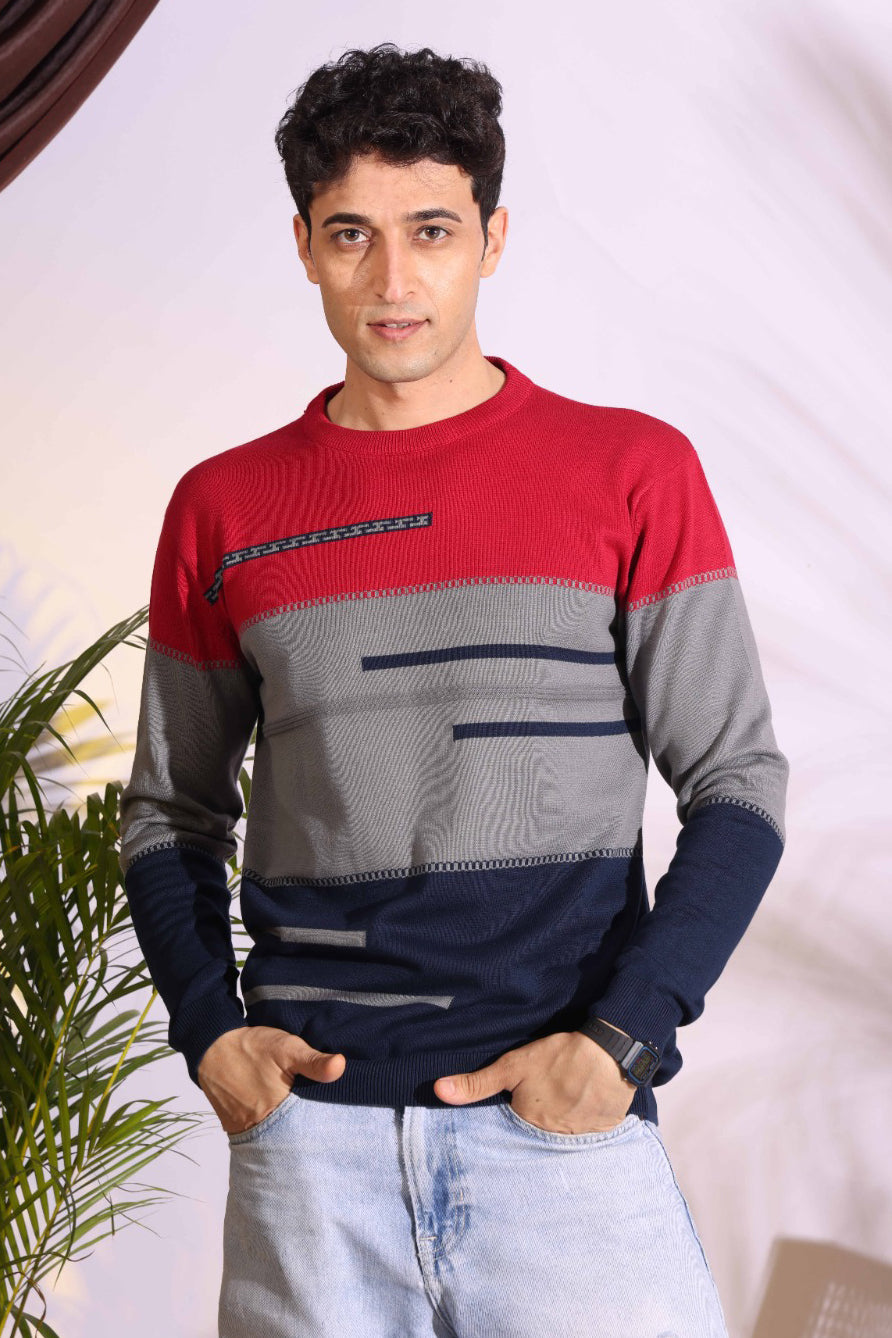 Red Tri Color Pure Cotton Knitted Men T-Shirt