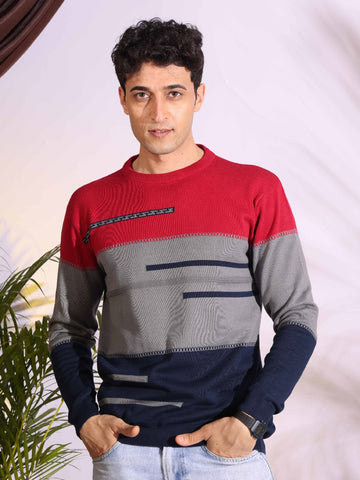 Red Tri Color Pure Cotton Knitted Men T-Shirt