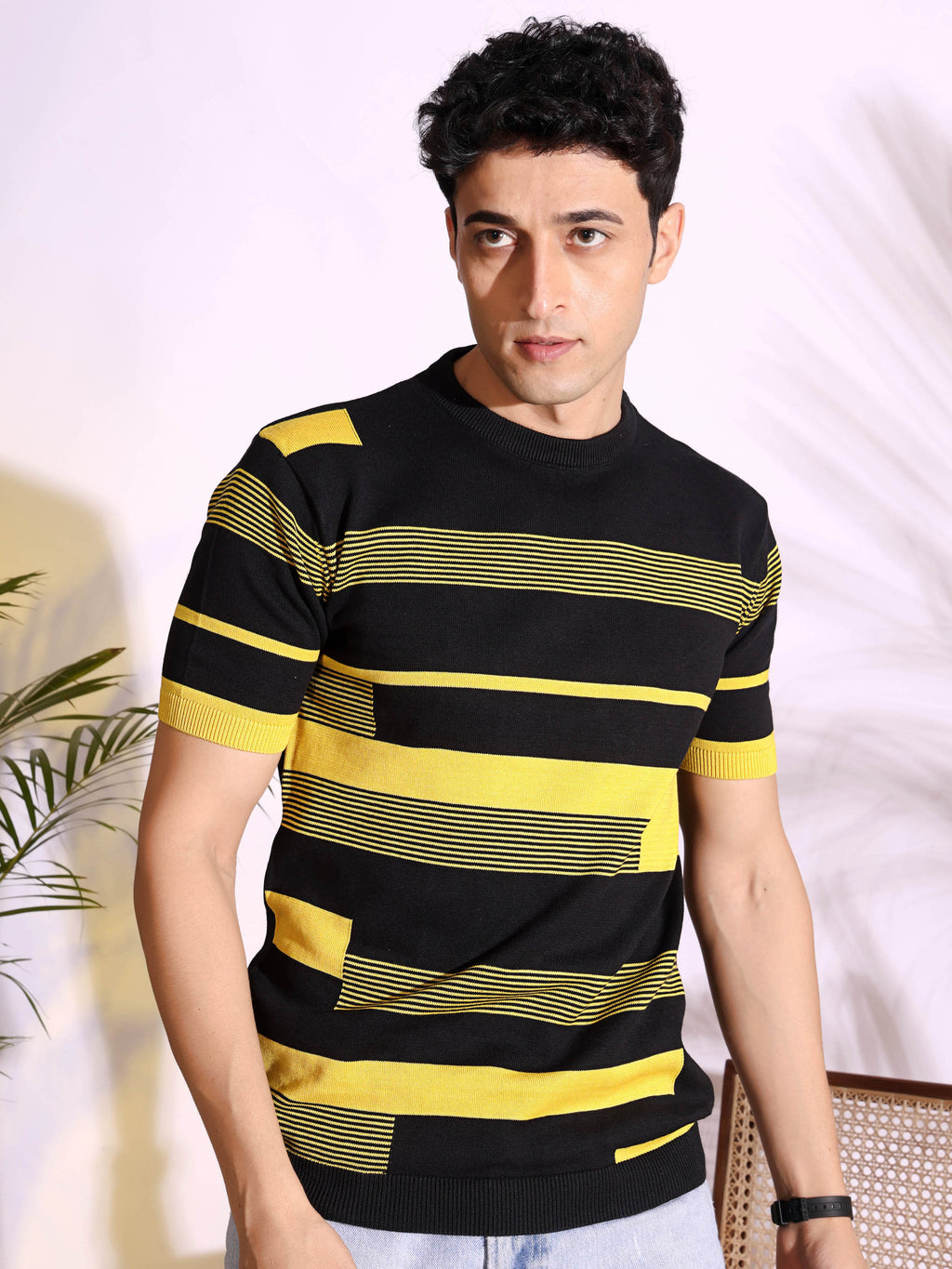 Yellow Stripe Pure Cotton Men's Knitted T-Shirt