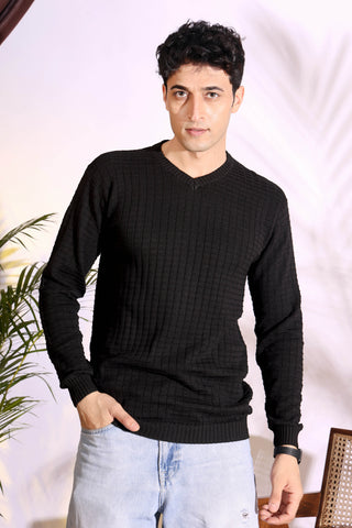 V-neck Black Pure Cotton Textured Men's Knitted T-Shirt
