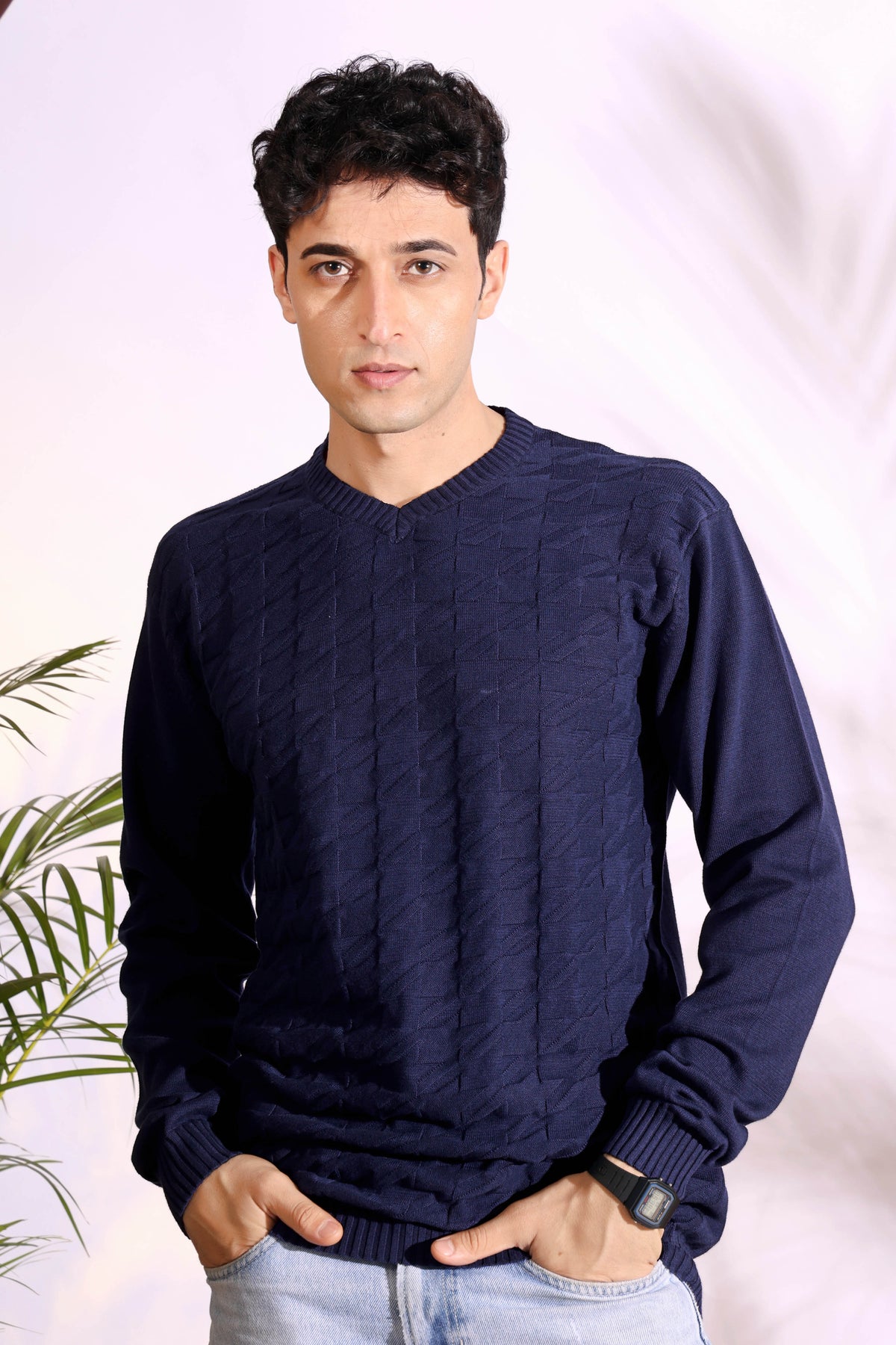 V-neck Blue Pure Cotton Textured Men's Knitted T-Shirt
