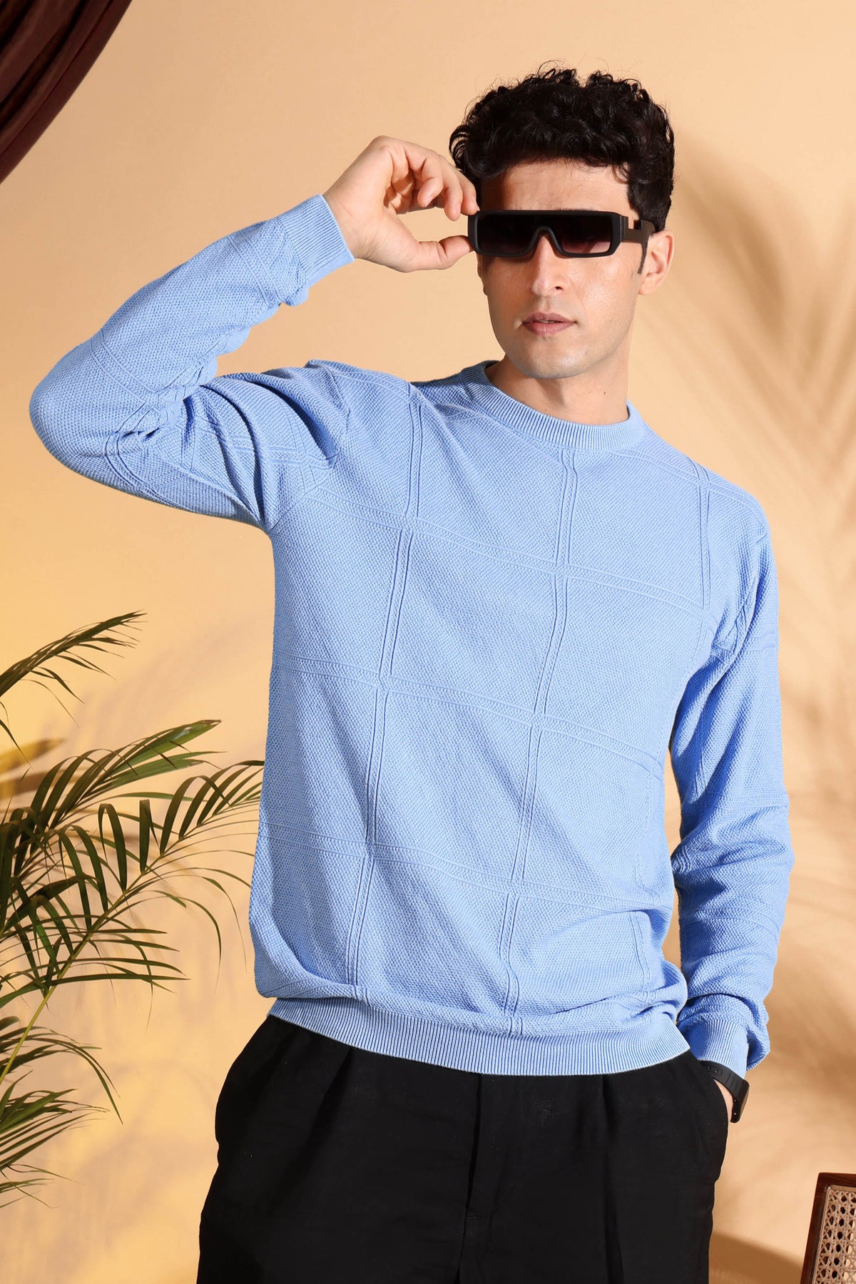 Blue Self Structured Box Pure Cotton knitted T-Shirt