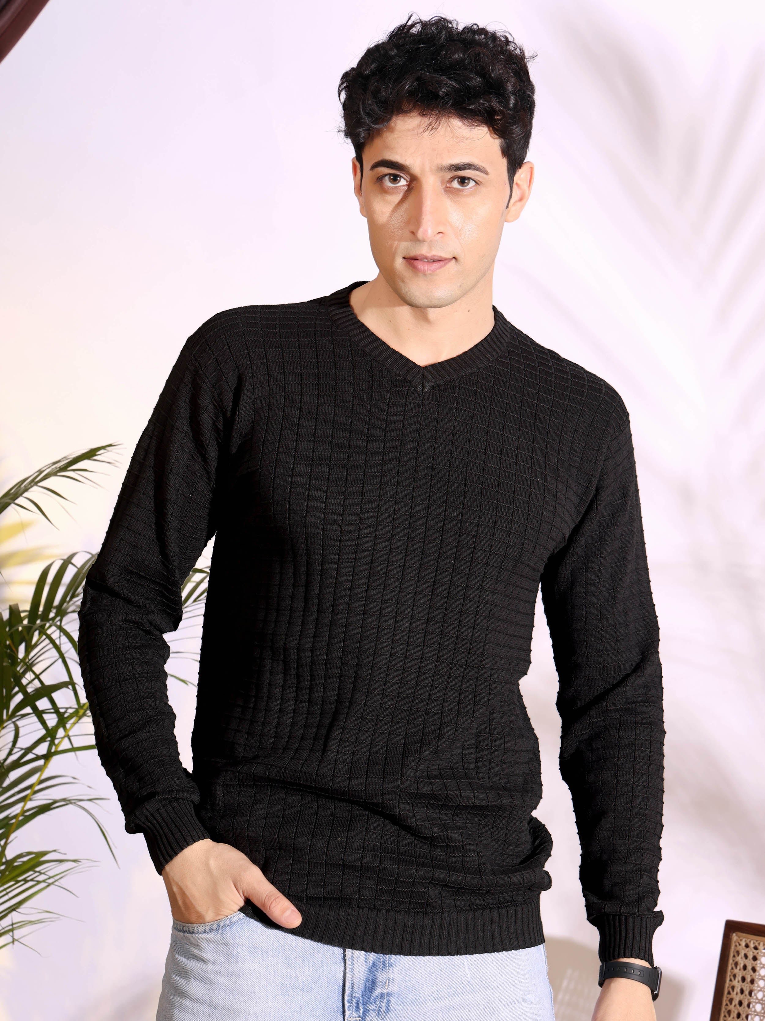 V-neck Black Pure Cotton Textured Men's Knitted T-Shirt Main image