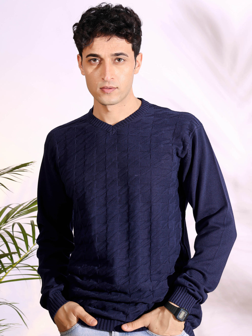 V-neck Blue Pure Cotton Textured Men's Knitted T-Shirt