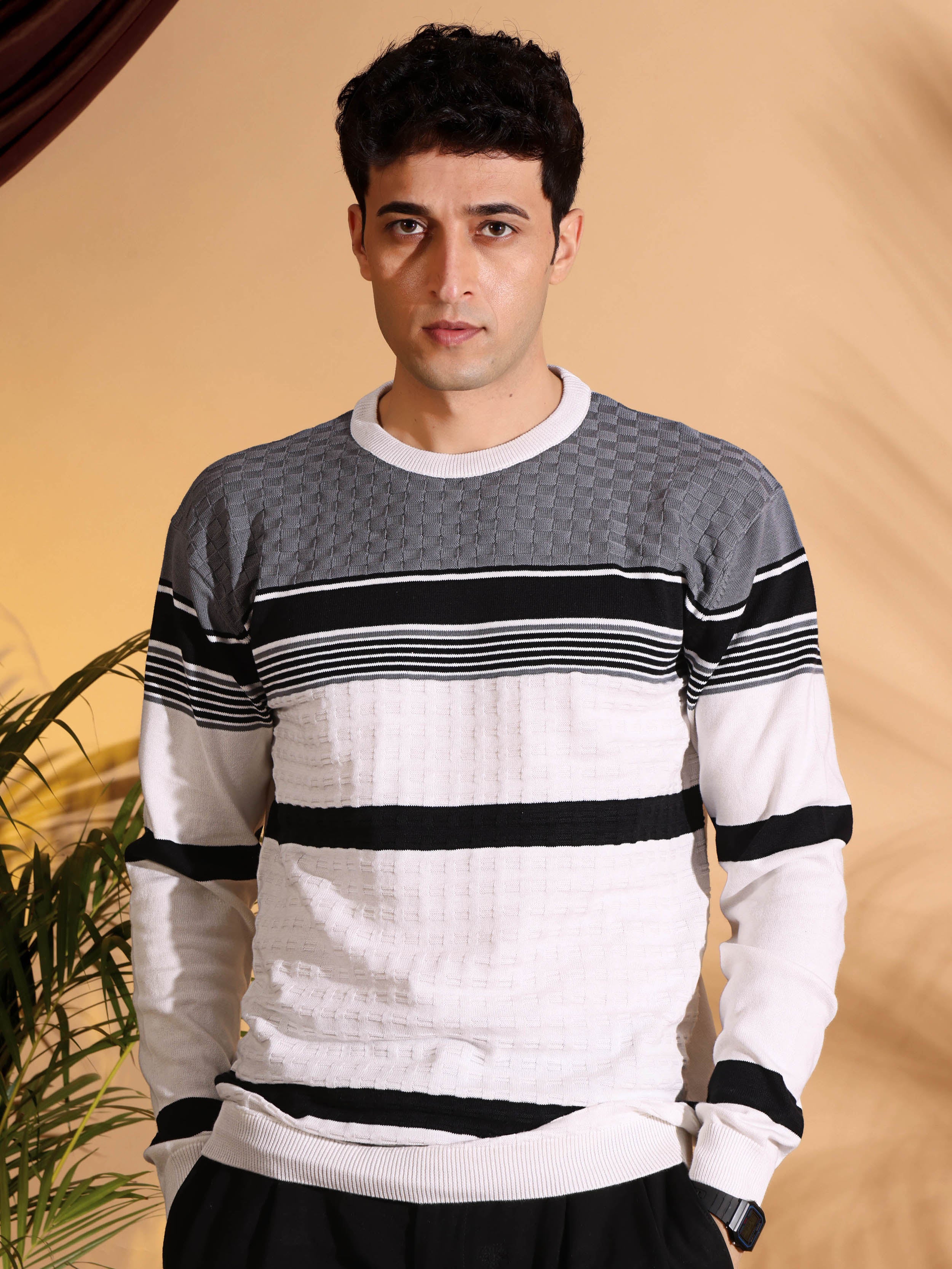 White Self Structured Box Pure Cotton knitted T-Shirt