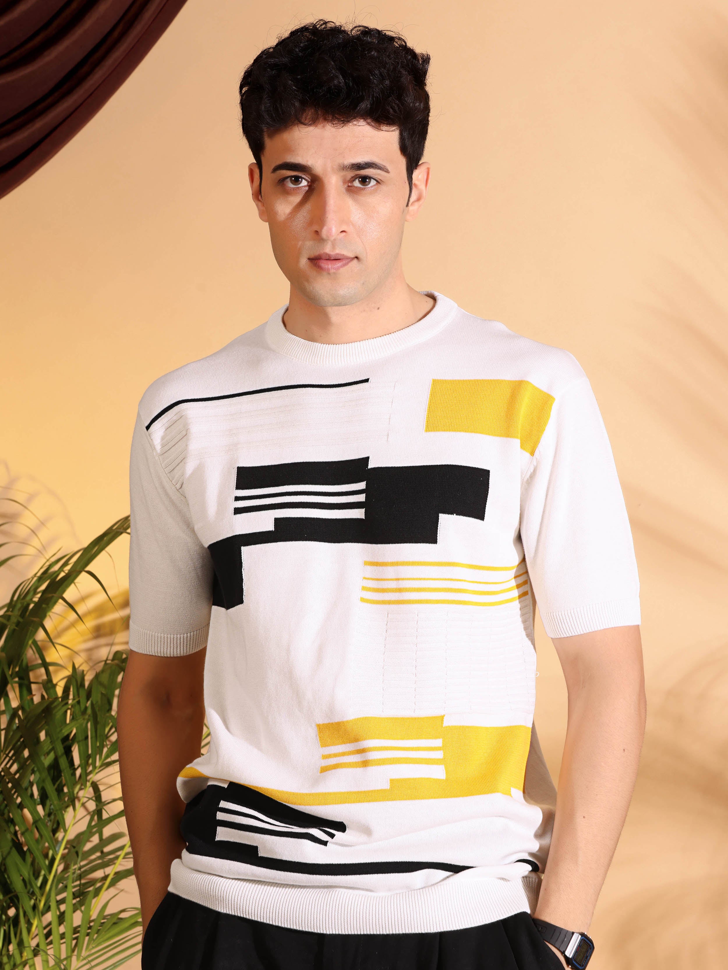 Attractive Blush White Self Pattern Knitted T-Shirt Main image