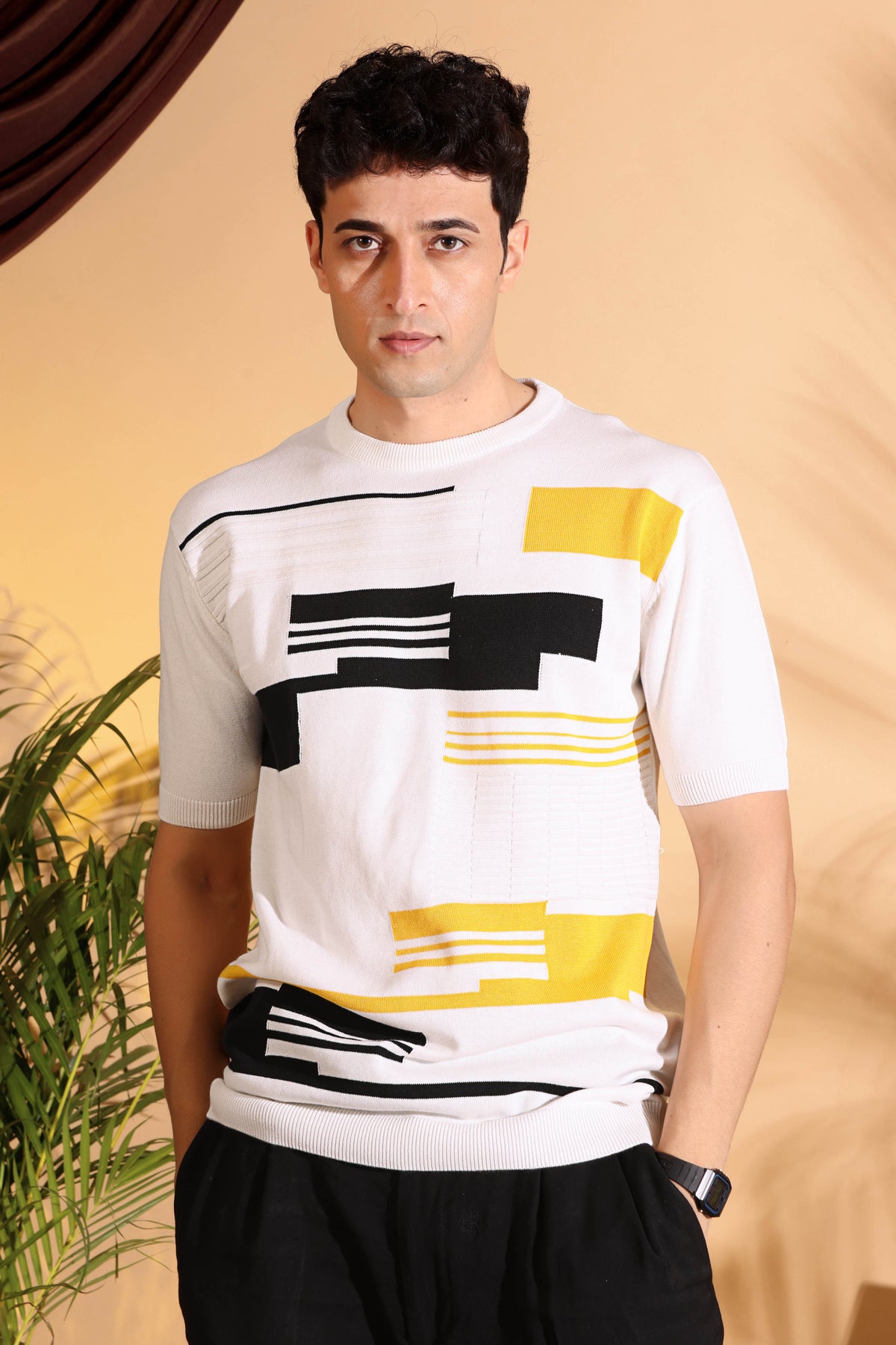 Attractive Blush White Self Pattern Knitted T-Shirt