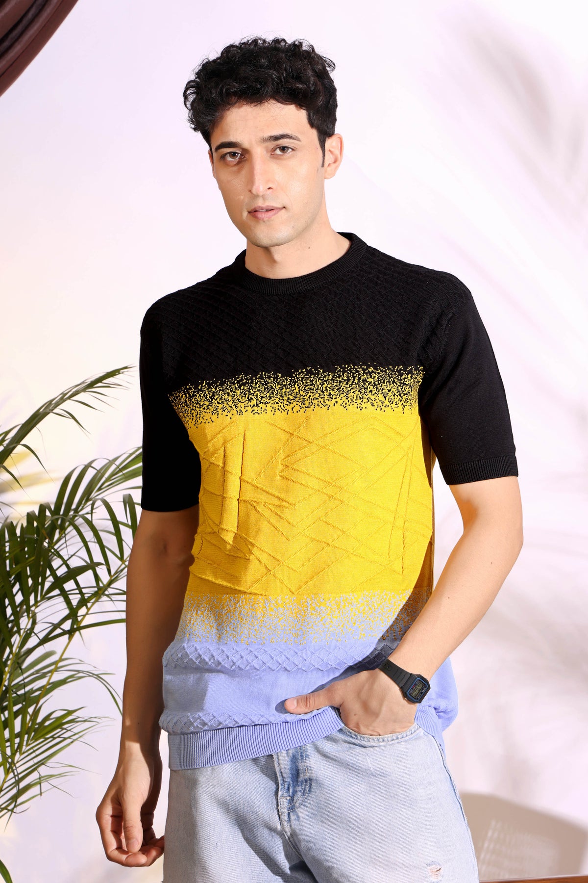 Multi Color Black Sun-Shine Knitted Men's T-Shirt