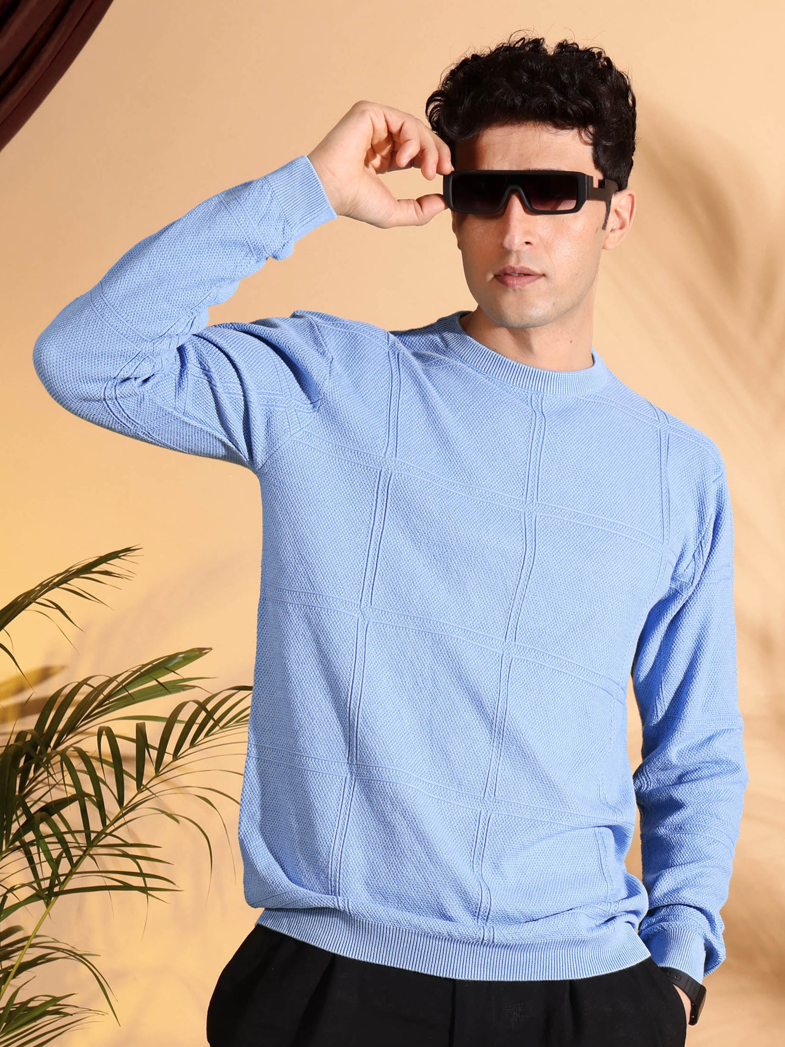 Blue Self Structured Box Pure Cotton knitted T-Shirt Main image
