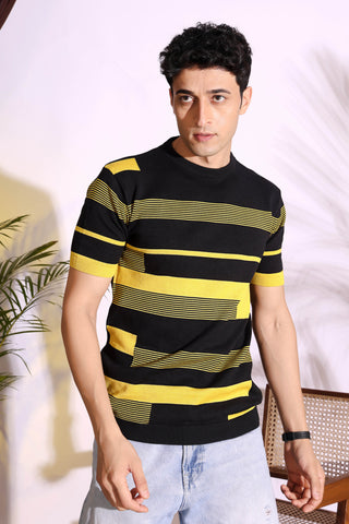 Yellow Stripe Pure Cotton Men's Knitted T-Shirt