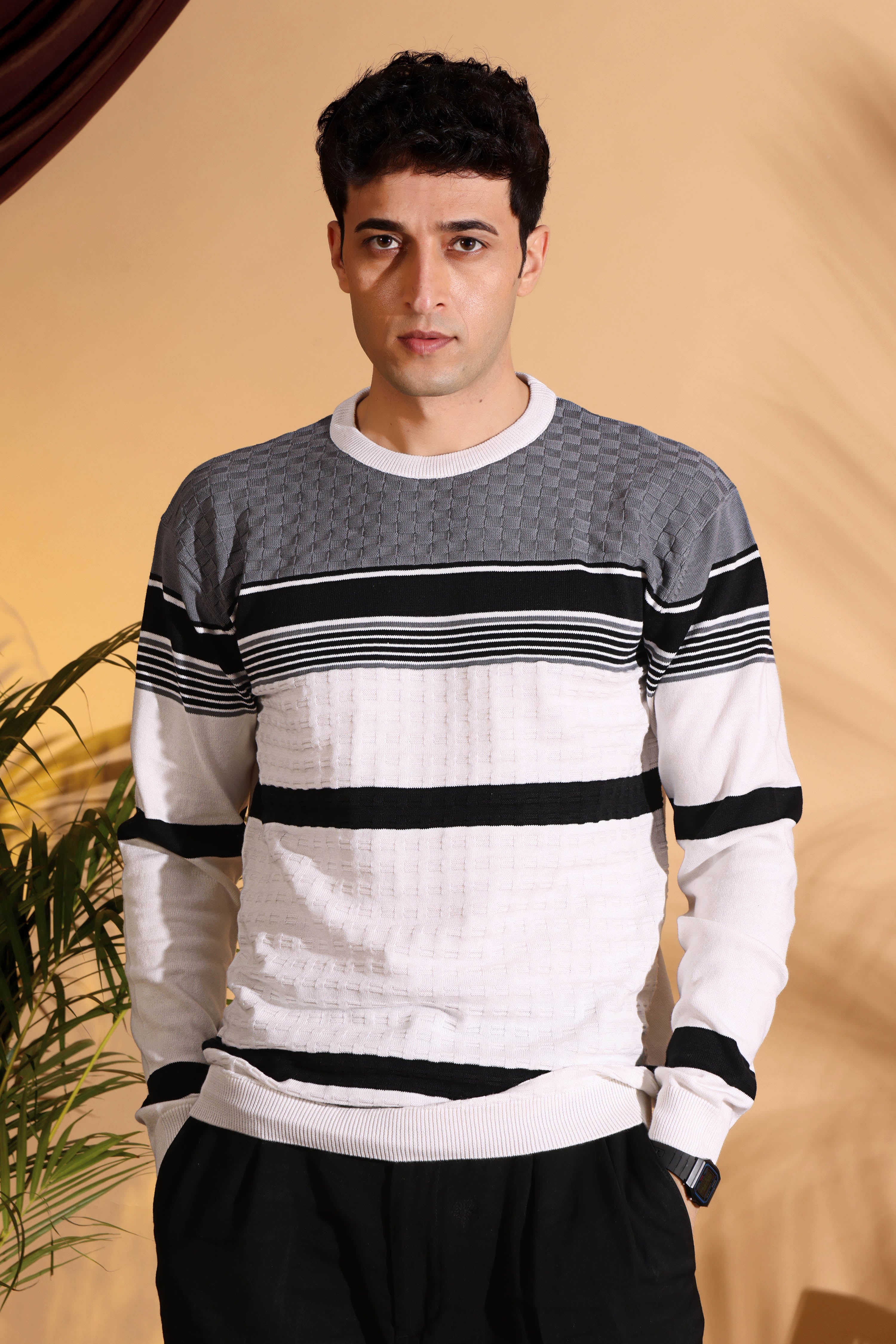White Self Structured Box Pure Cotton knitted T-Shirt